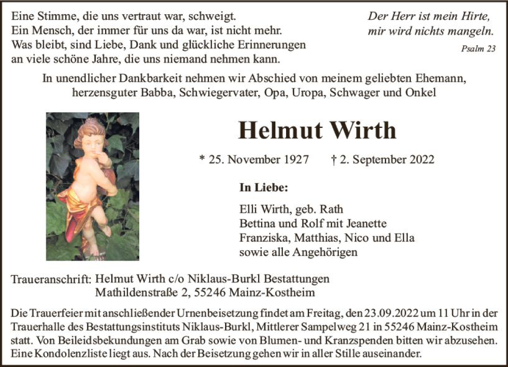  Traueranzeige für Helmut Wirth vom 17.09.2022 aus vrm-trauer AZ Mainz