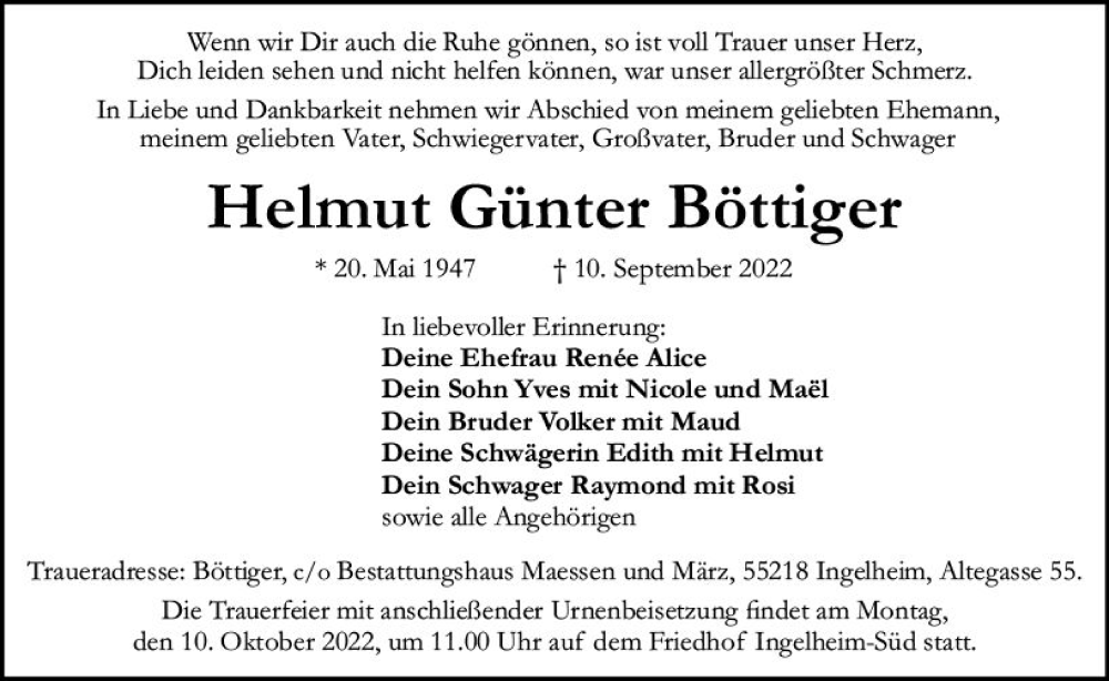  Traueranzeige für Helmut Günter Böttiger vom 01.10.2022 aus vrm-trauer Allgemeine  Zeitung Ingelheim-Bingen
