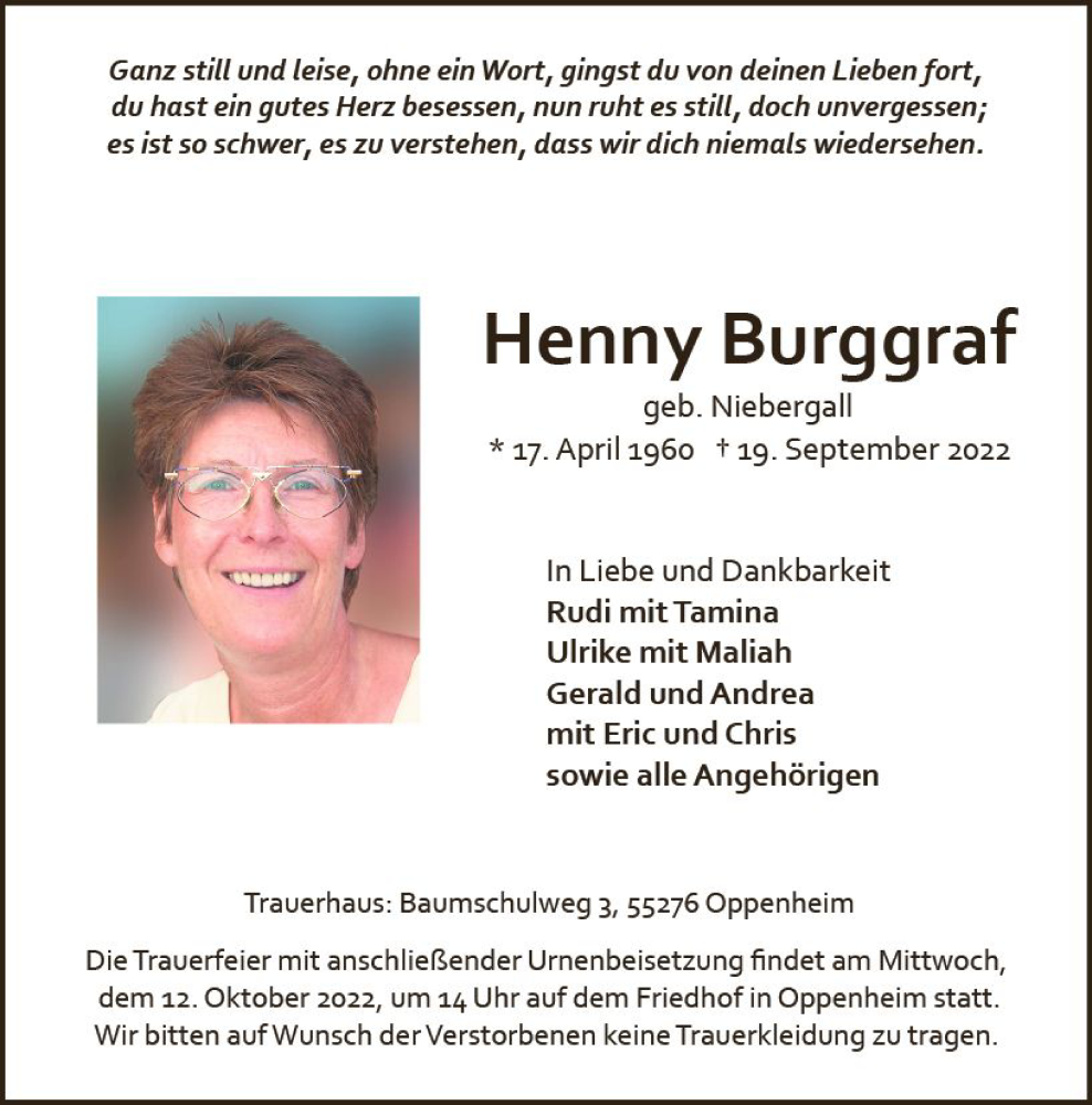  Traueranzeige für Henny Burggraf vom 01.10.2022 aus vrm-trauer AZ Mainz