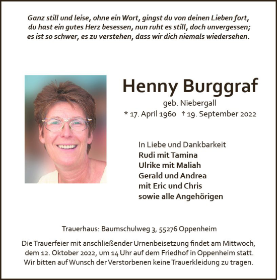 Traueranzeige von Henny Burggraf von vrm-trauer AZ Mainz