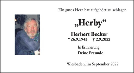 Traueranzeige von Herbert Becker von vrm-trauer Wiesbadener Kurier