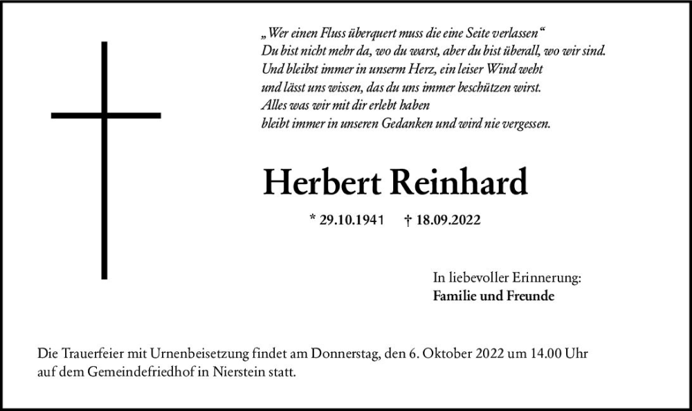  Traueranzeige für Herbert Reinhard vom 24.09.2022 aus vrm-trauer AZ Mainz