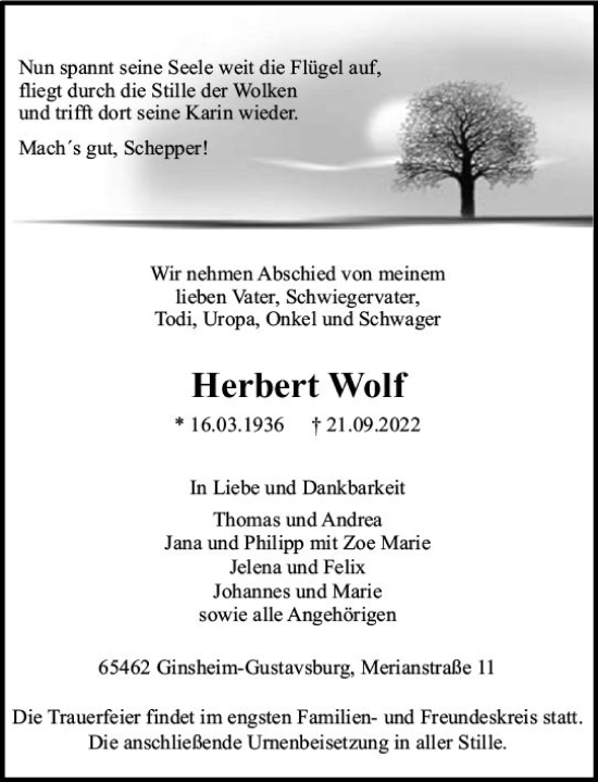 Traueranzeige von Herbert Wolf von vrm-trauer AZ Mainz
