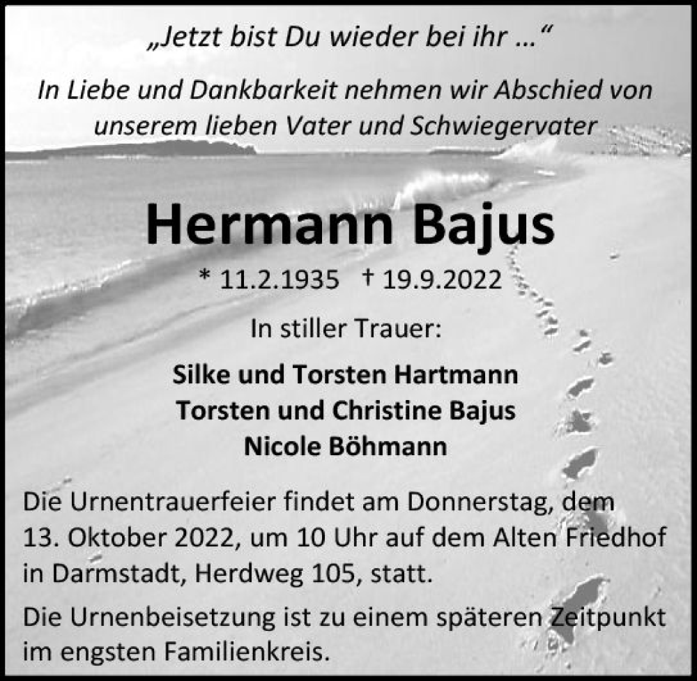  Traueranzeige für Hermann Bajus vom 01.10.2022 aus vrm-trauer Darmstädter Echo
