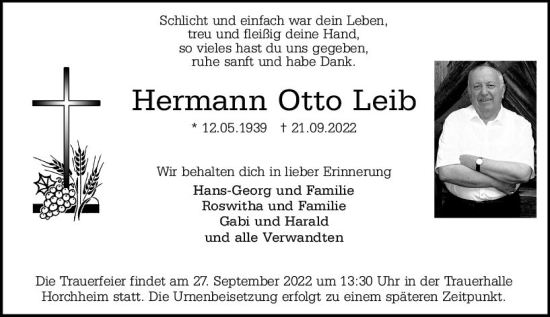 Traueranzeige von Hermann Otto Leib von vrm-trauer Wormser Zeitung