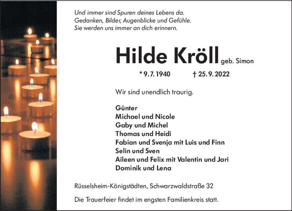  Traueranzeige für Hilde Kröll vom 01.10.2022 aus vrm-trauer Rüsselsheimer Echo / MainSpitze