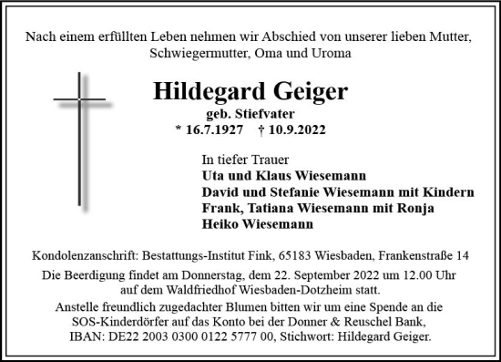 Traueranzeige von Hildegard Geiger von vrm-trauer Wiesbadener Kurier