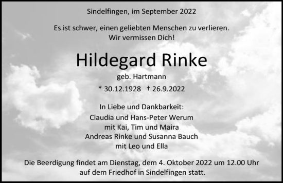 Traueranzeige von Hildegard Rinke von vrm-trauer AZ Mainz