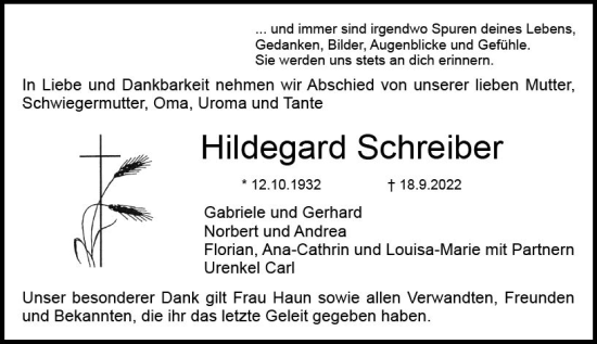 Traueranzeige von Hildegard Schreiber von vrm-trauer DieburgerAnzeiger/Groß-Zimmerner Lokala
