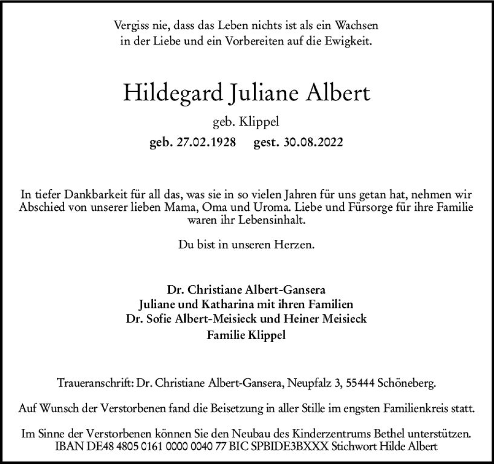  Traueranzeige für Hildegard Juliane Albert vom 10.09.2022 aus vrm-trauer Allg. Zeitung Bad Kreuznach