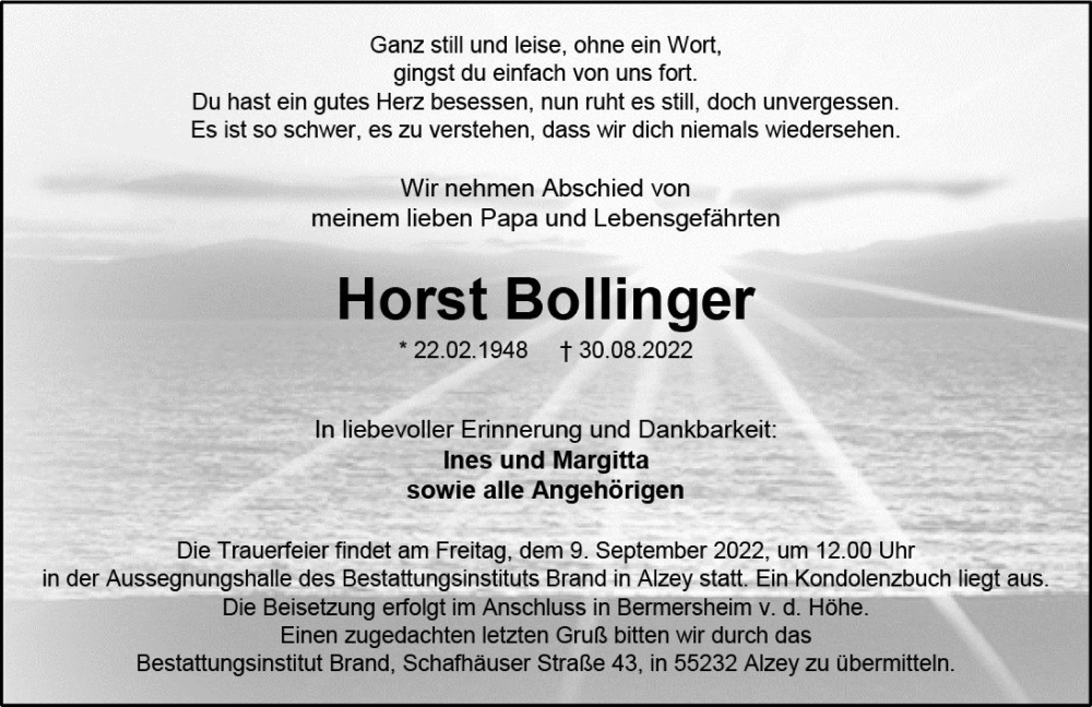  Traueranzeige für Horst Bollinger vom 07.09.2022 aus vrm-trauer Allgemeine Zeitung Alzey