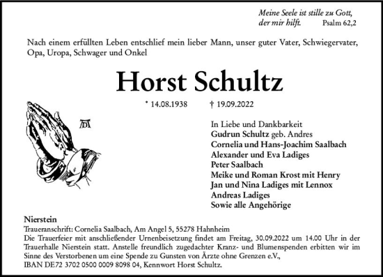 Traueranzeige von Horst Schultz von vrm-trauer AZ Mainz