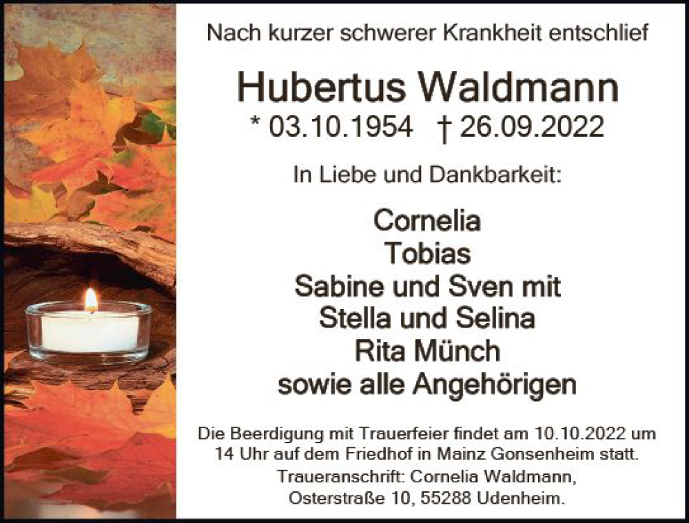  Traueranzeige für Hubertus Waldmann vom 01.10.2022 aus vrm-trauer AZ Mainz