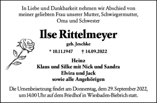 Traueranzeige von Ilse Rittelmeyer von vrm-trauer Wiesbadener Kurier