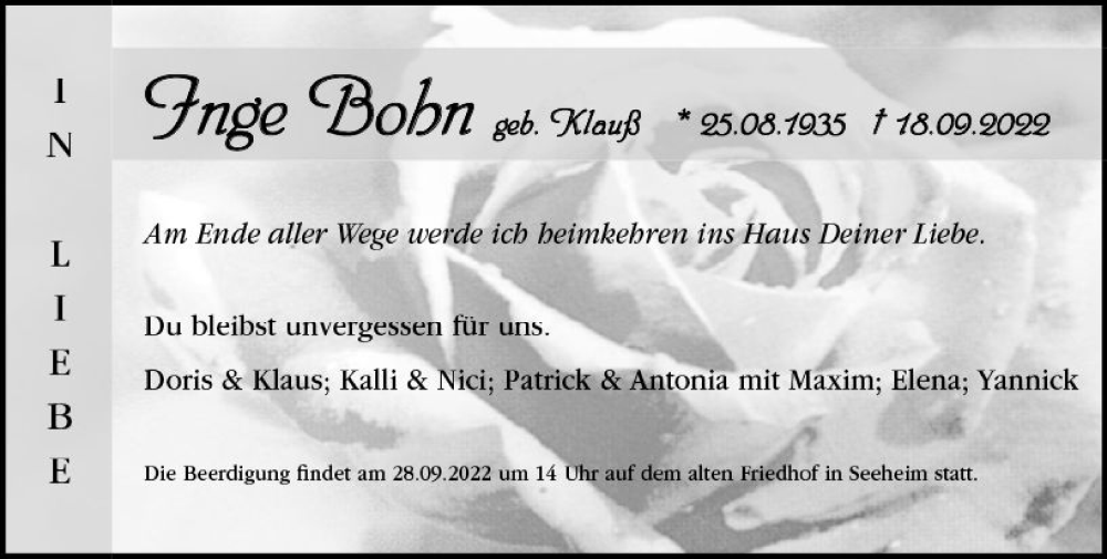  Traueranzeige für Inge Bohn vom 24.09.2022 aus vrm-trauer Darmstädter Echo