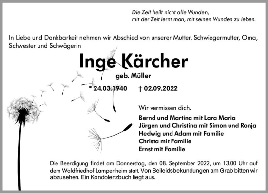 Traueranzeige von Inge Kärcher von vrm-trauer Bürstädter/Lamperth. Ztg/Starkenburger