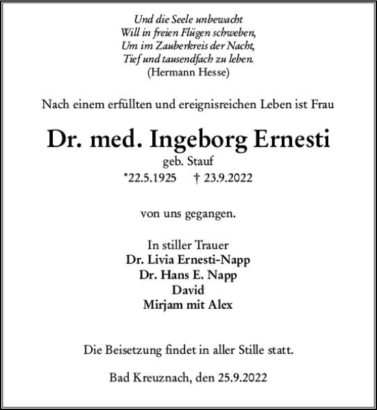 Traueranzeige von Ingeborg Ernesti von vrm-trauer Allg. Zeitung Bad Kreuznach