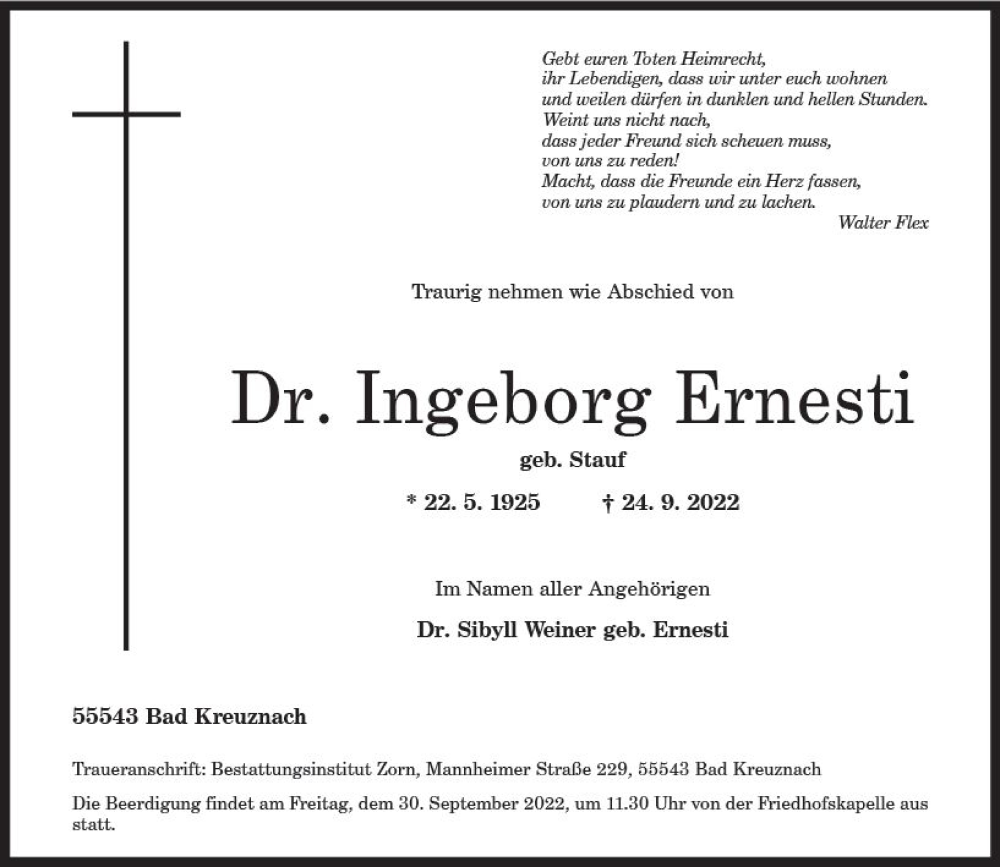  Traueranzeige für Ingeborg Ernesti vom 28.09.2022 aus vrm-trauer Allg. Zeitung Bad Kreuznach