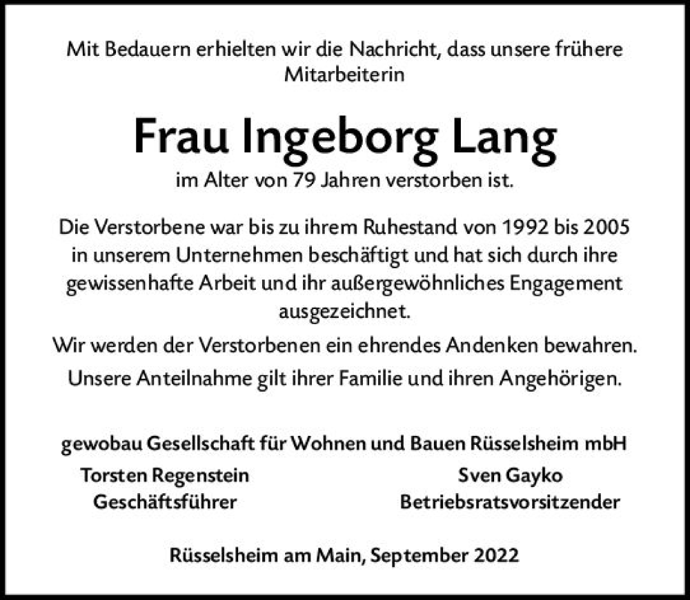  Traueranzeige für Ingeborg Lang vom 07.09.2022 aus vrm-trauer Rüsselsheimer Echo / MainSpitze