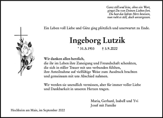 Traueranzeige von Ingeborg Lutzik von vrm-trauer Hochheimer Zeitung