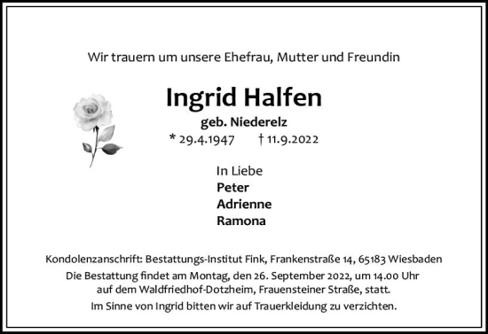 Traueranzeige von Ingrid Halfen von vrm-trauer Wiesbadener Kurier