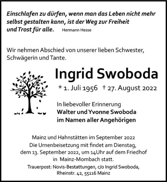 Traueranzeige von Ingrid Swoboda von vrm-trauer AZ Mainz