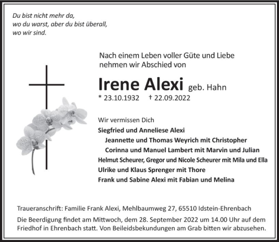 Traueranzeige von Irene Alexi von vrm-trauer Idsteiner Zeitung
