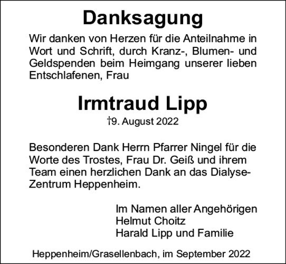  Traueranzeige für Irmtraud Lipp vom 17.09.2022 aus vrm-trauer Bürstädter/Lamperth. Ztg/Starkenburger
