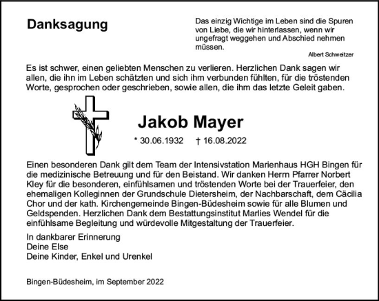 Traueranzeige von Jakob Mayer von vrm-trauer Allgemeine  Zeitung Ingelheim-Bingen