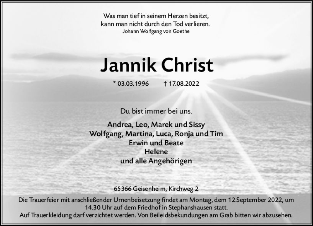  Traueranzeige für Jannik Christ vom 08.09.2022 aus vrm-trauer Rheingau