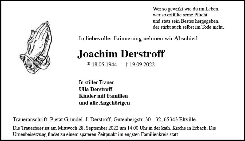  Traueranzeige für Joachim Derstroff vom 22.09.2022 aus vrm-trauer Rheingau
