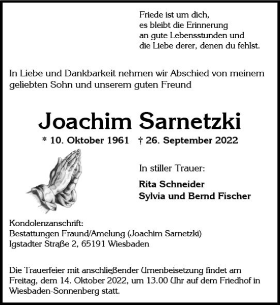 Traueranzeige von Joachim Sarnetzki von vrm-trauer Wiesbadener Kurier