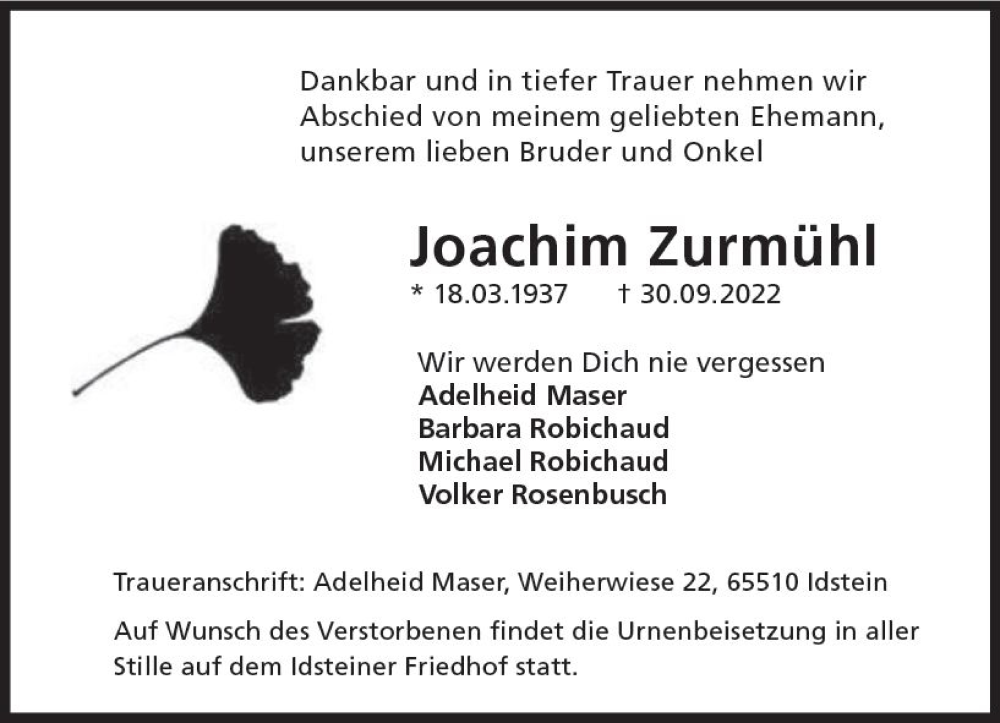  Traueranzeige für Joachim Zurmühl vom 03.09.2022 aus vrm-trauer Idsteiner Zeitung