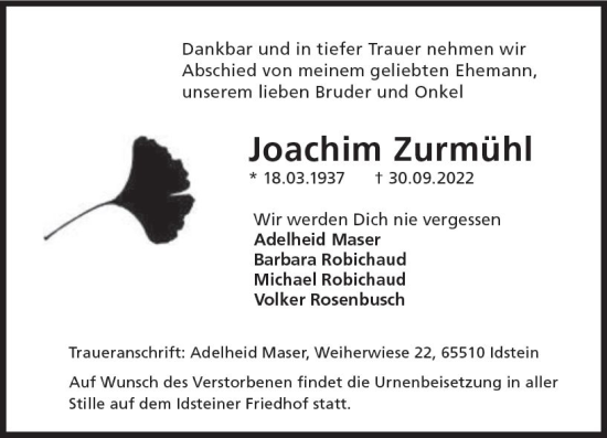 Traueranzeige von Joachim Zurmühl von vrm-trauer Idsteiner Zeitung