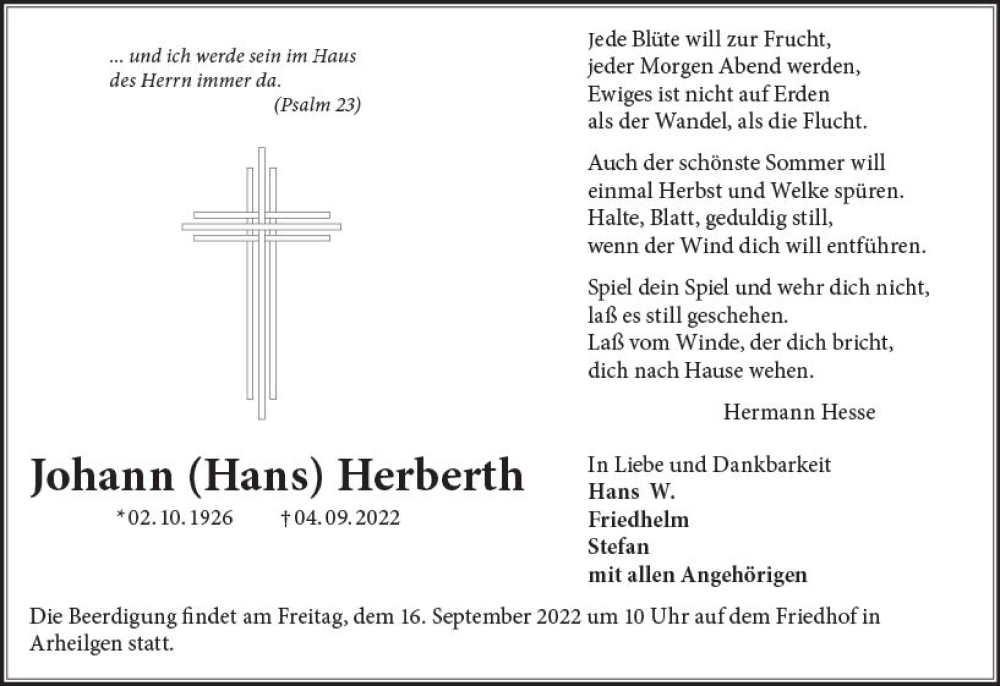  Traueranzeige für Johann Herberth vom 10.09.2022 aus vrm-trauer Darmstädter Echo