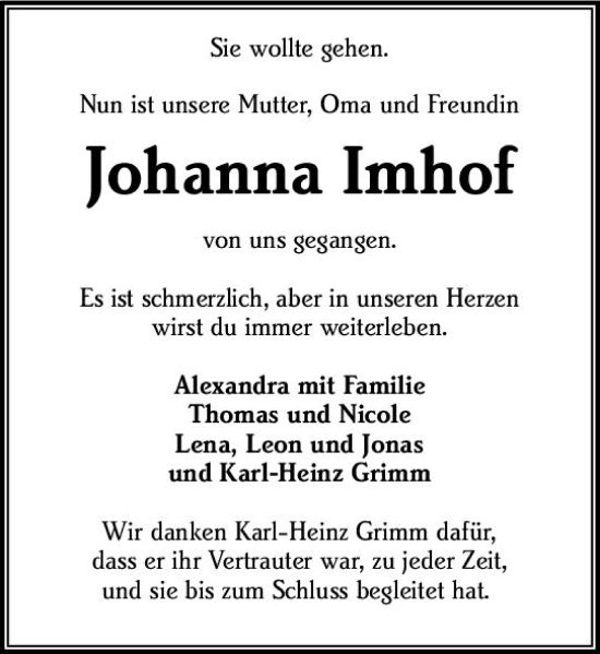 Traueranzeige von Johanna Imhof von vrm-trauer AZ Mainz