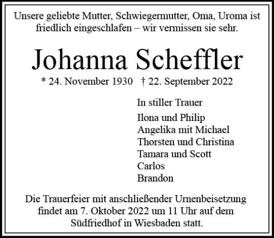 Traueranzeige von Johanna Scheffler von vrm-trauer Wiesbadener Kurier