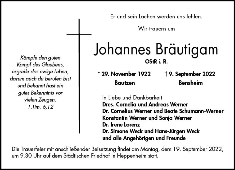  Traueranzeige für Johannes Bräutigam vom 14.09.2022 aus vrm-trauer Bürstädter/Lamperth. Ztg/Starkenburger