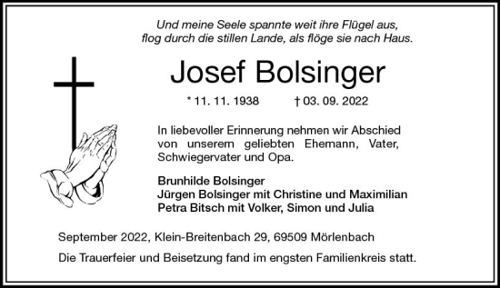 Traueranzeige von Josef Bolsinger von vrm-trauer Bürstädter/Lamperth. Ztg/Starkenburger