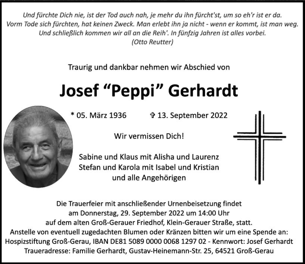  Traueranzeige für Josef Gerhardt vom 17.09.2022 aus vrm-trauer Groß-Gerauer Echo