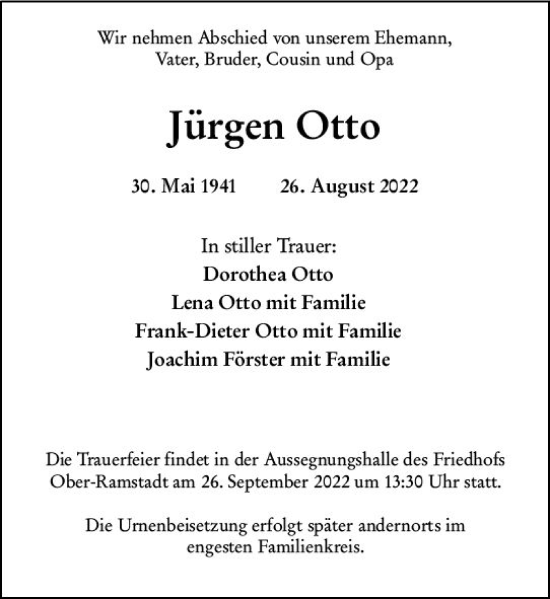 Traueranzeige von Jürgen Otto von vrm-trauer Darmstädter Echo