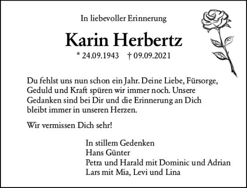  Traueranzeige für Karin Herbertz vom 09.09.2022 aus vrm-trauer Wiesbadener Kurier