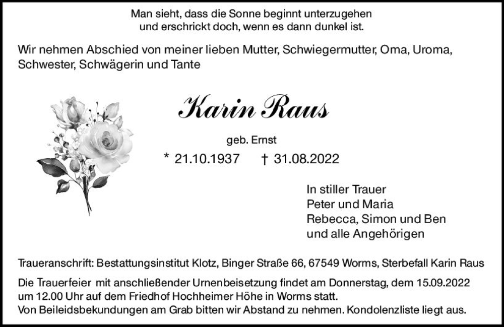  Traueranzeige für Karin Raus vom 14.09.2022 aus vrm-trauer Wormser Zeitung