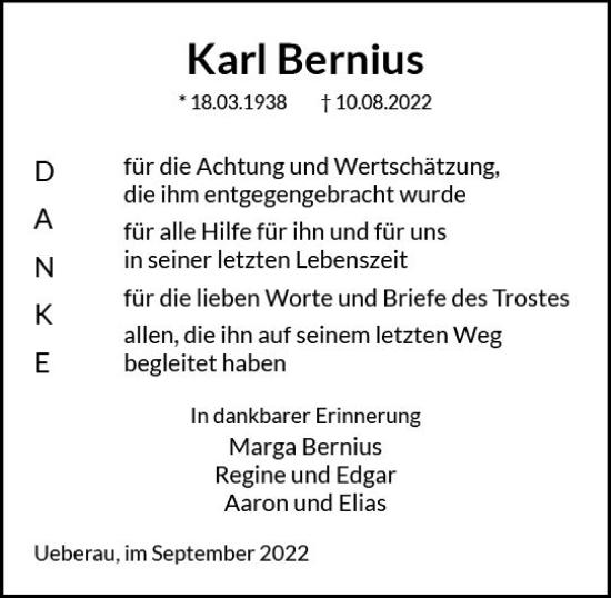 Traueranzeige von Karl Bernius von vrm-trauer Darmstädter Echo