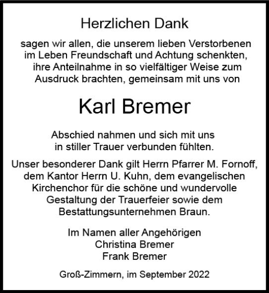Traueranzeige von Karl Bremer von vrm-trauer DieburgerAnzeiger/Groß-Zimmerner Lokala