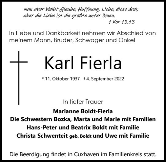 Traueranzeige von Karl Fierla von vrm-trauer Wiesbadener Kurier