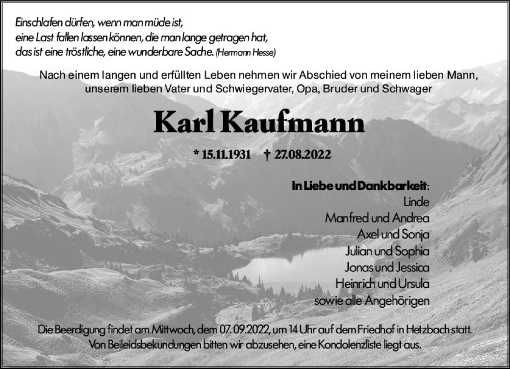  Traueranzeige für Karl Kaufmann vom 05.09.2022 aus vrm-trauer Odenwälder Echo