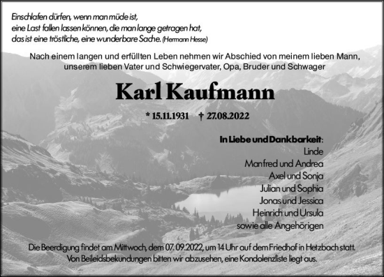 Traueranzeige von Karl Kaufmann von vrm-trauer Odenwälder Echo