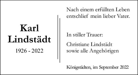 Traueranzeige von Karl Lindstädt von vrm-trauer Rüsselsheimer Echo / MainSpitze