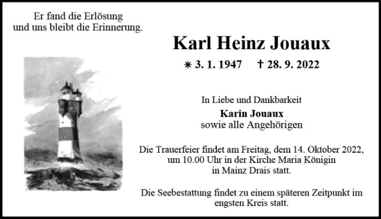 Traueranzeige von Karl Heinz Jouaux von vrm-trauer Allgemeine  Zeitung Ingelheim-Bingen